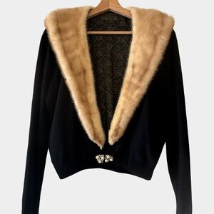 Vintage Black Cashmere Jacket Mink Fur Collar Pearl Rhinestone Clasp